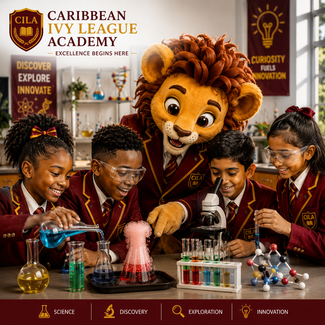 Students exploring science with the academy mascot in a bright lab