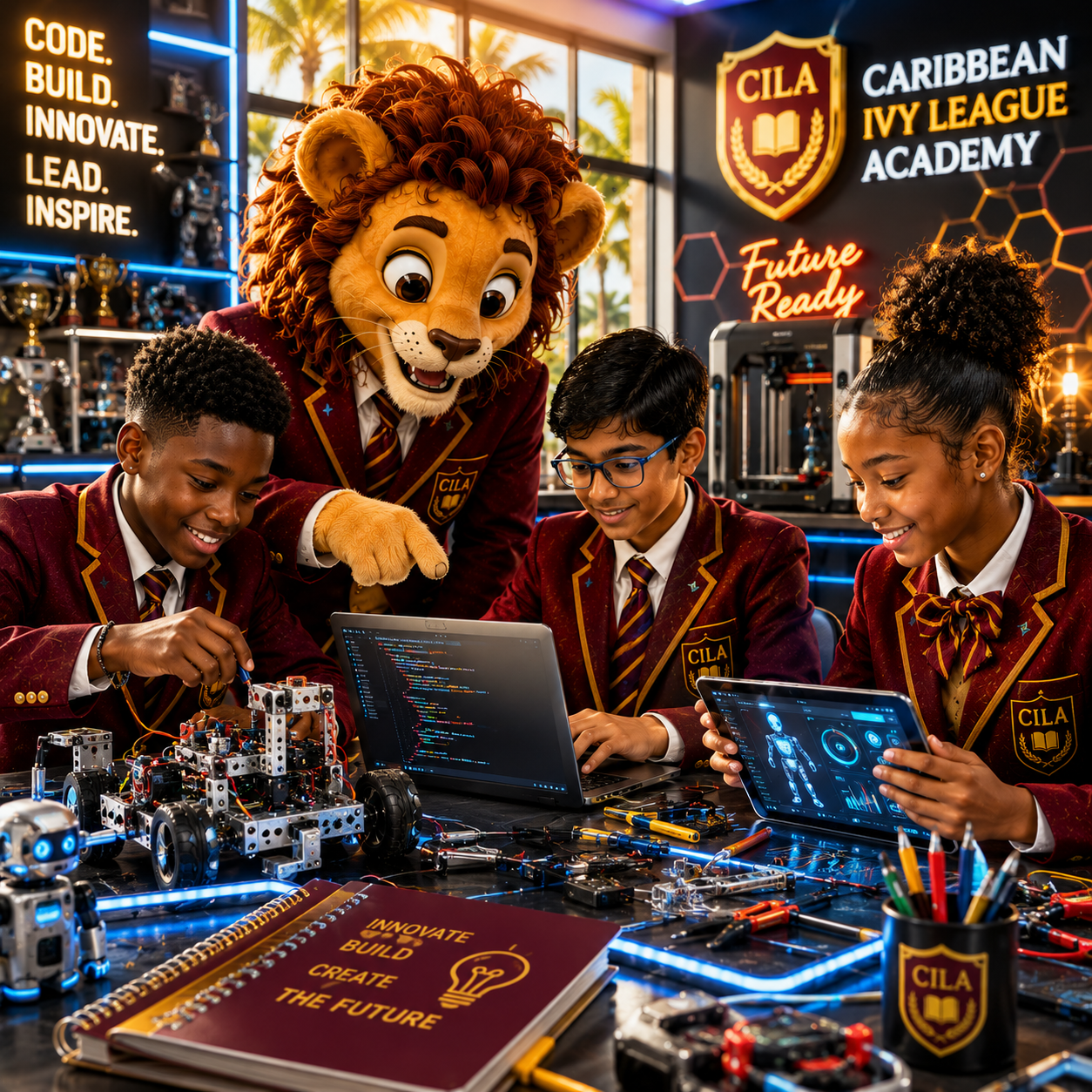 Students building robots and learning coding with the academy mascot