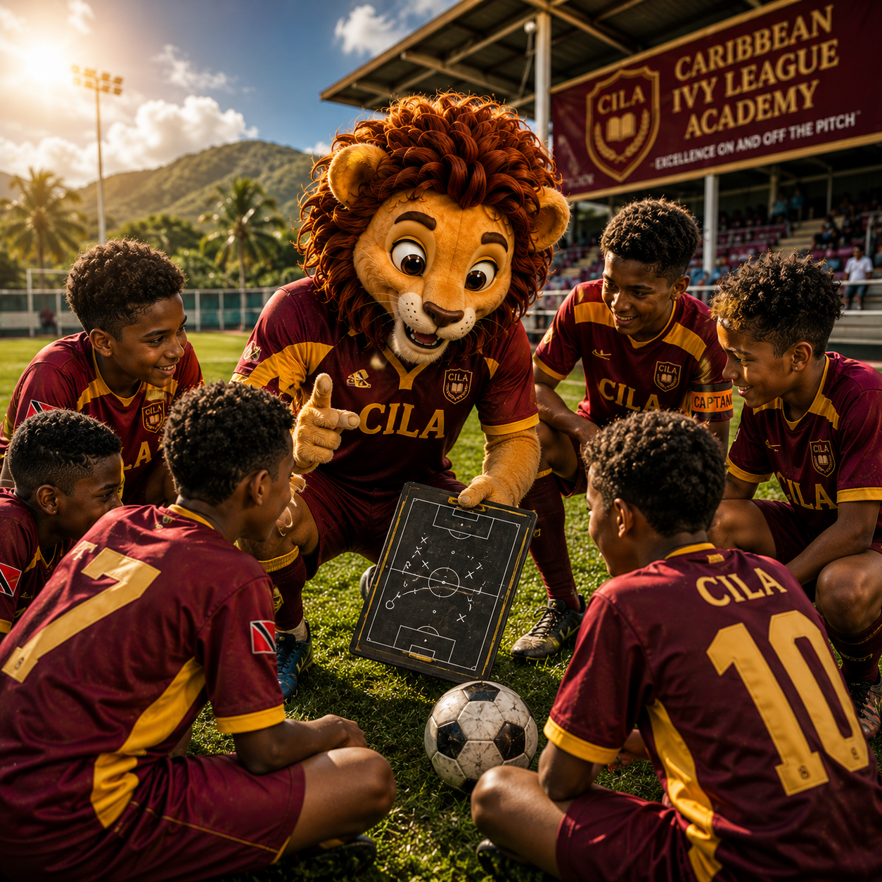 Students and the academy mascot in a football strategy huddle on the field