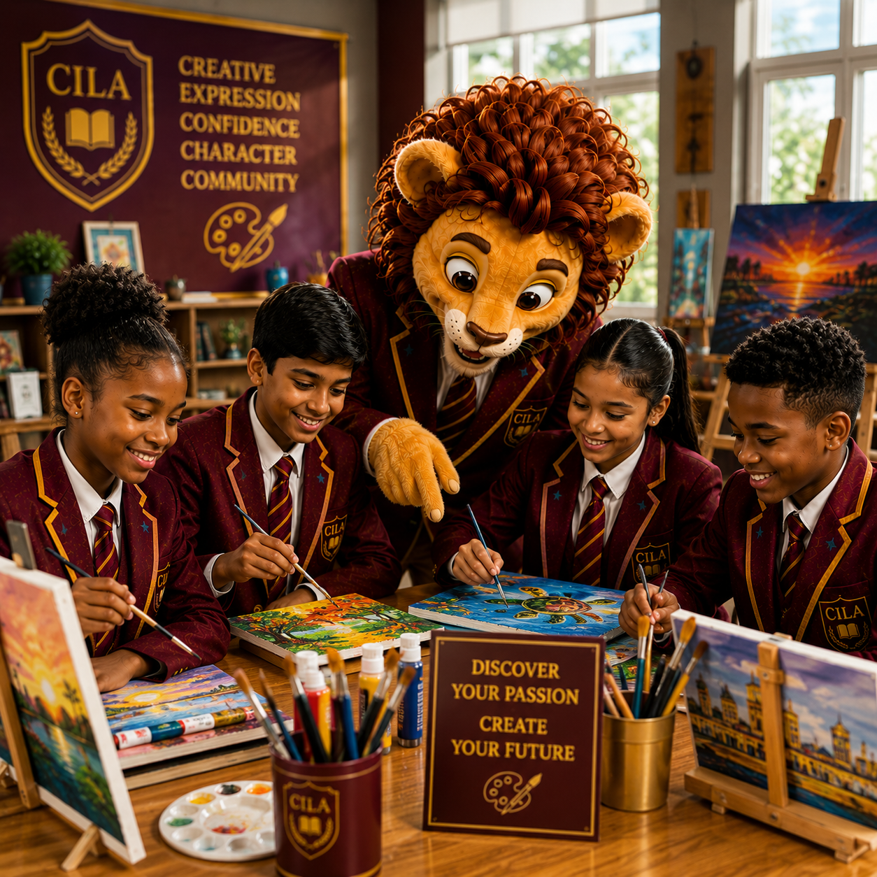 Students painting with the academy mascot in a creative arts studio